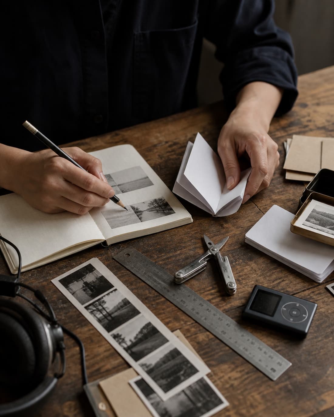 Hands annotating a notebook and assembling a small zine