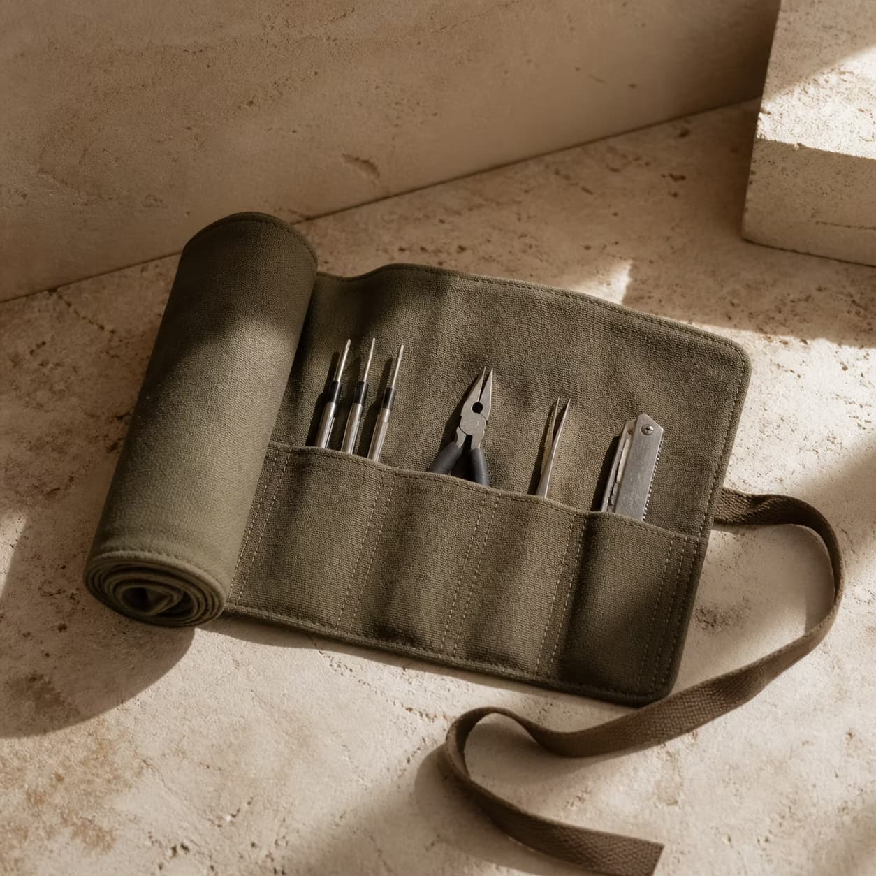 A small repair tool roll opened for use